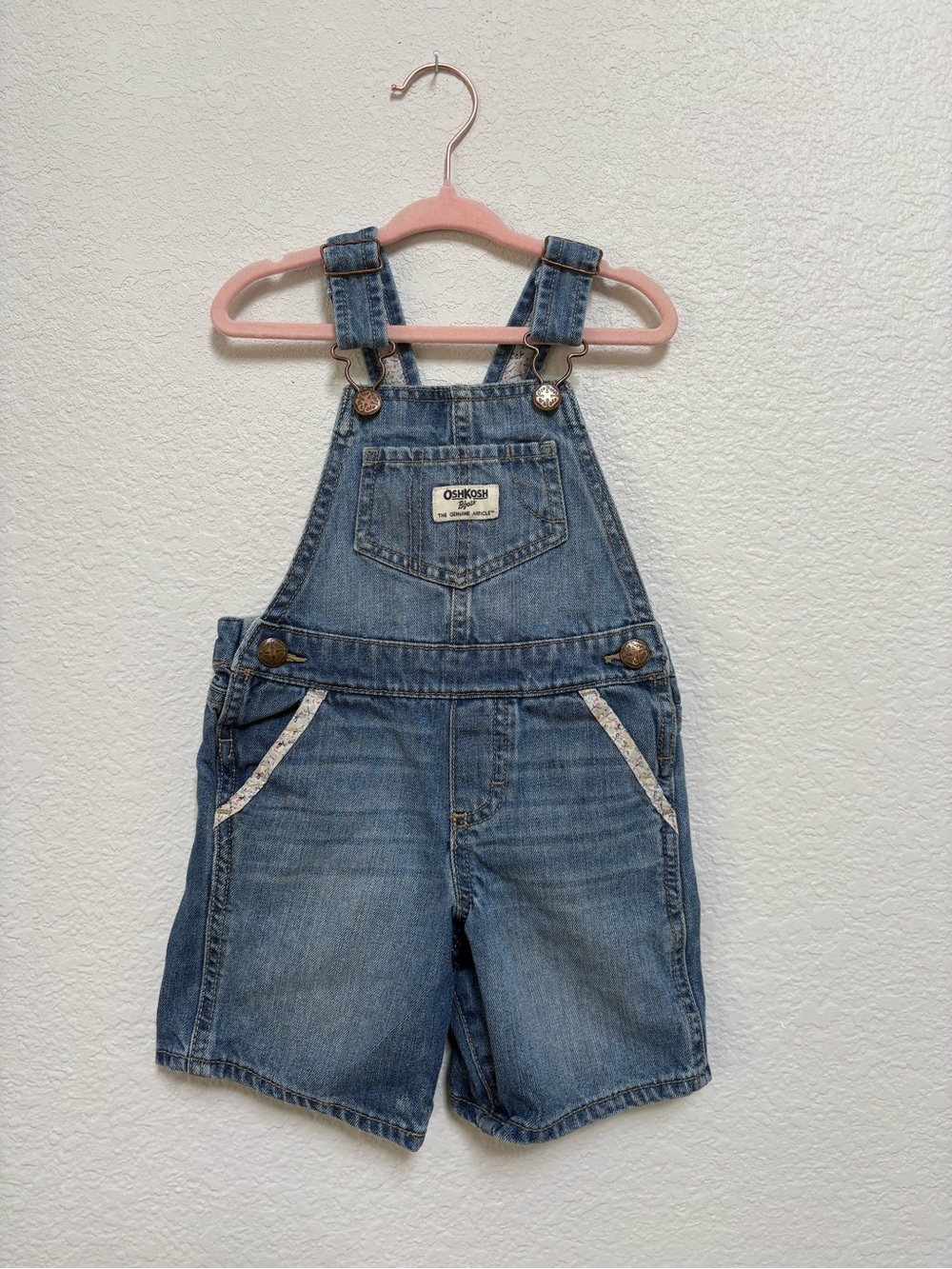 OshKosh B'gosh Toddler Girl Medium Wash Blue Denim Shortalls with Floral Trim
